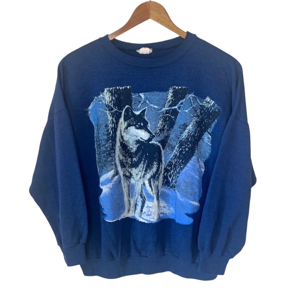 Vintage Keep It Simple Wolf Snow Nature Thin Boxy Light Sweatshirt Navy Blue M